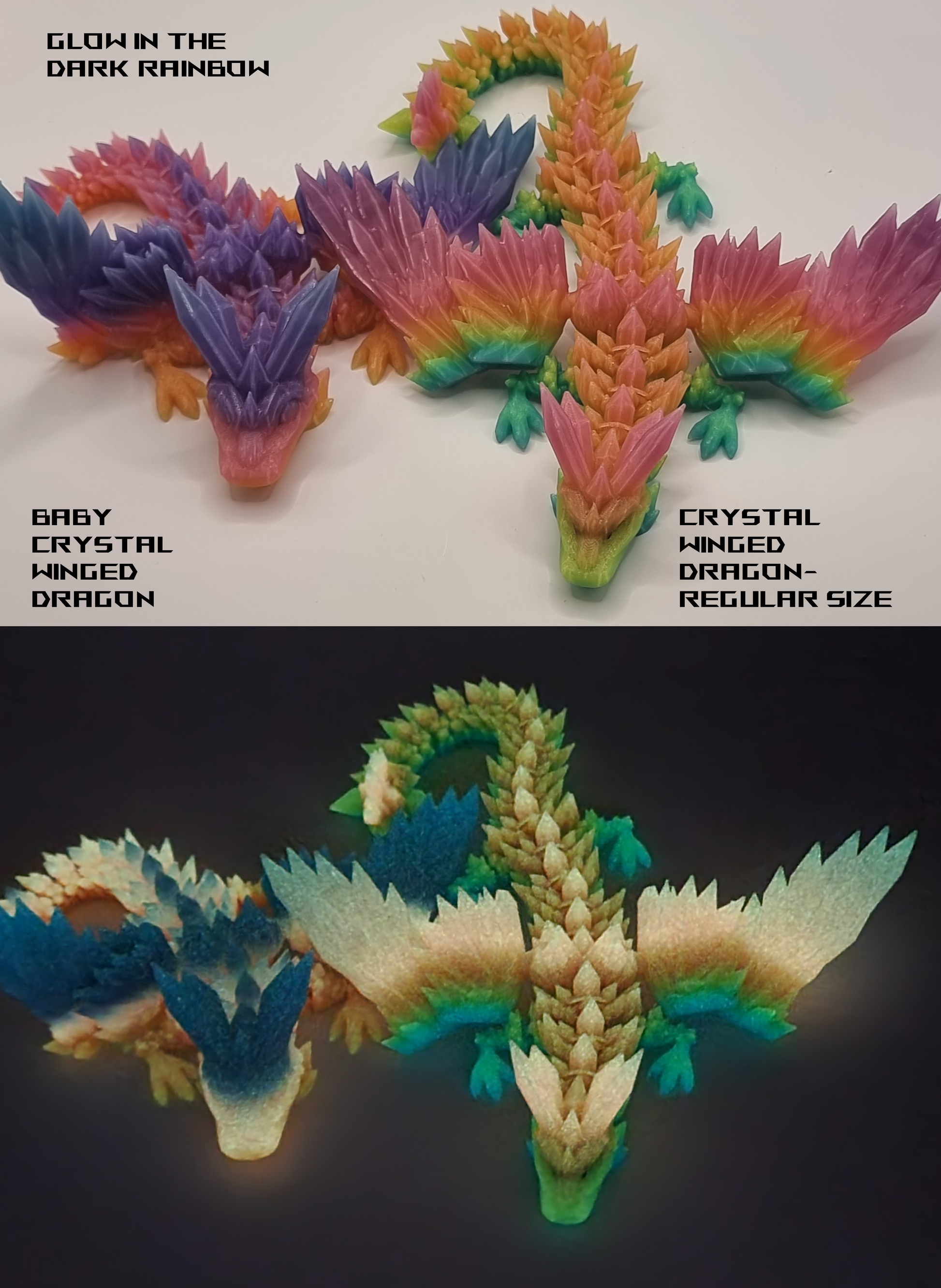 Magic Glow Crystal Dragon Articulated Rainbow Baby 3D Printed